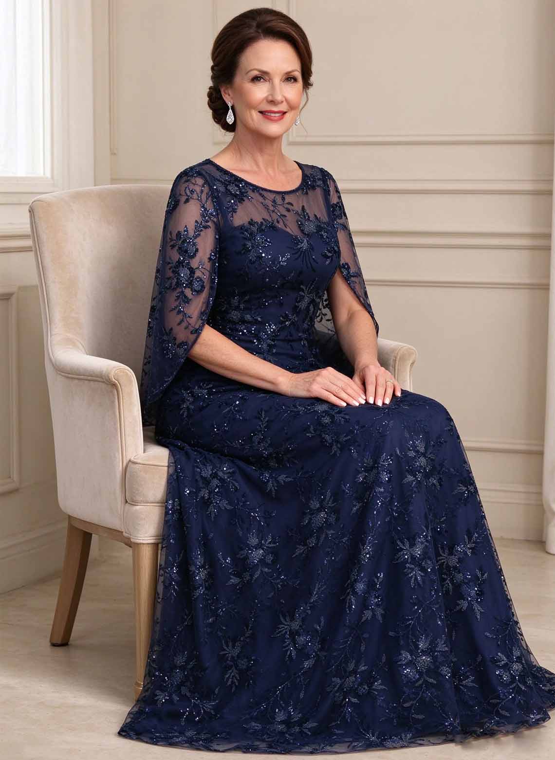 Floryme A-line Cape Lace Mother of the Bride Dress
