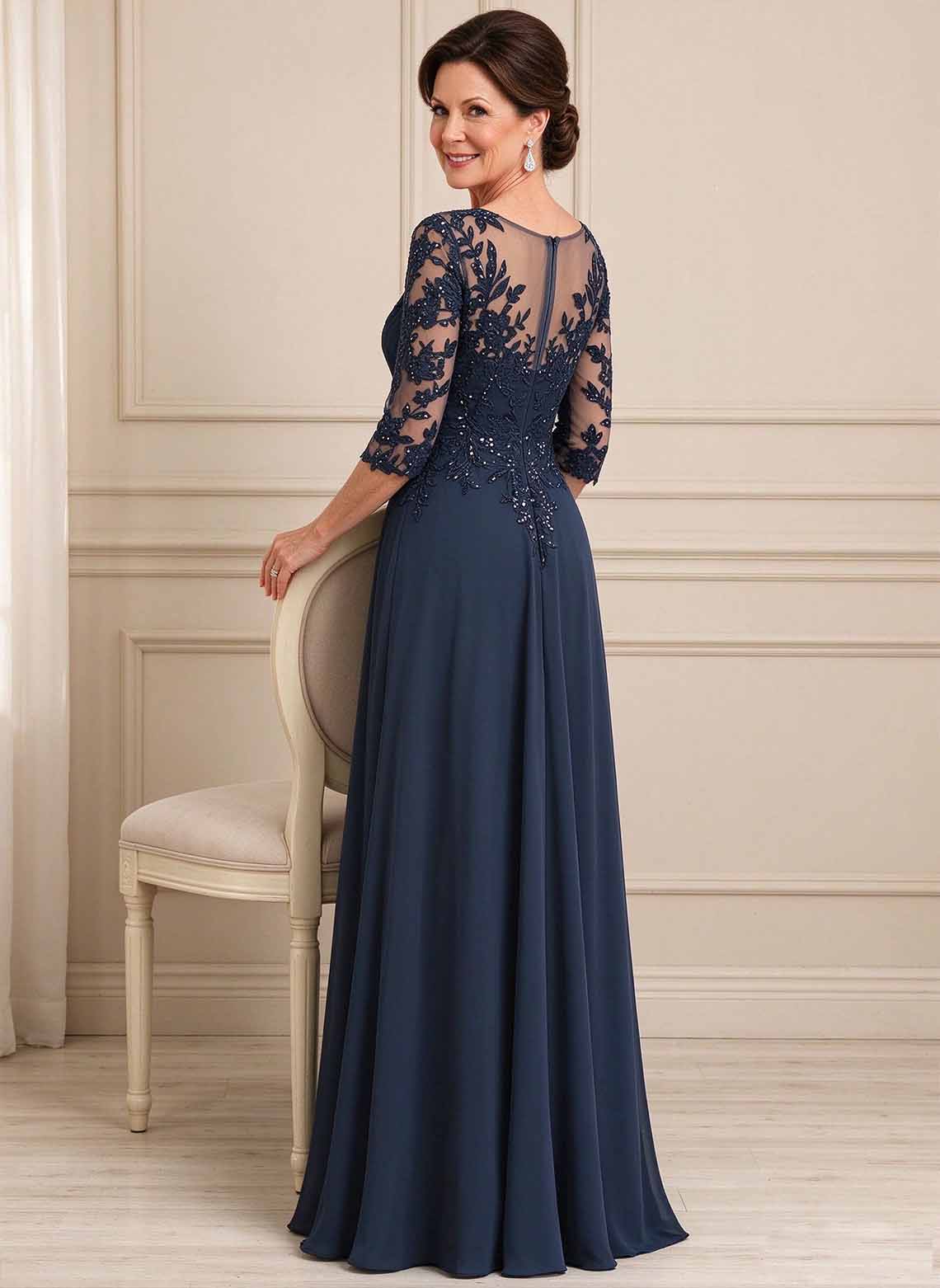 Floryme Dark Navy A-line V-Neck Sequins Lace Mother of the Bride Dress