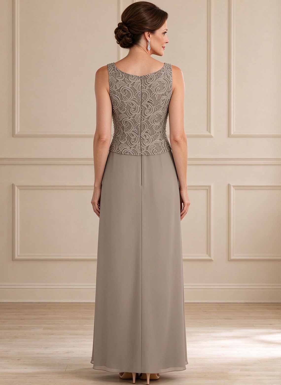 Floryme Taupe A-line Chiffon Lace Mother of the Bride Dress