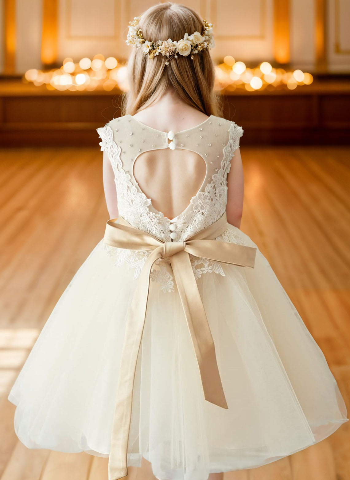 Floryme A-line Scoop Lace Tulle Knee-length Flower Girl Dress