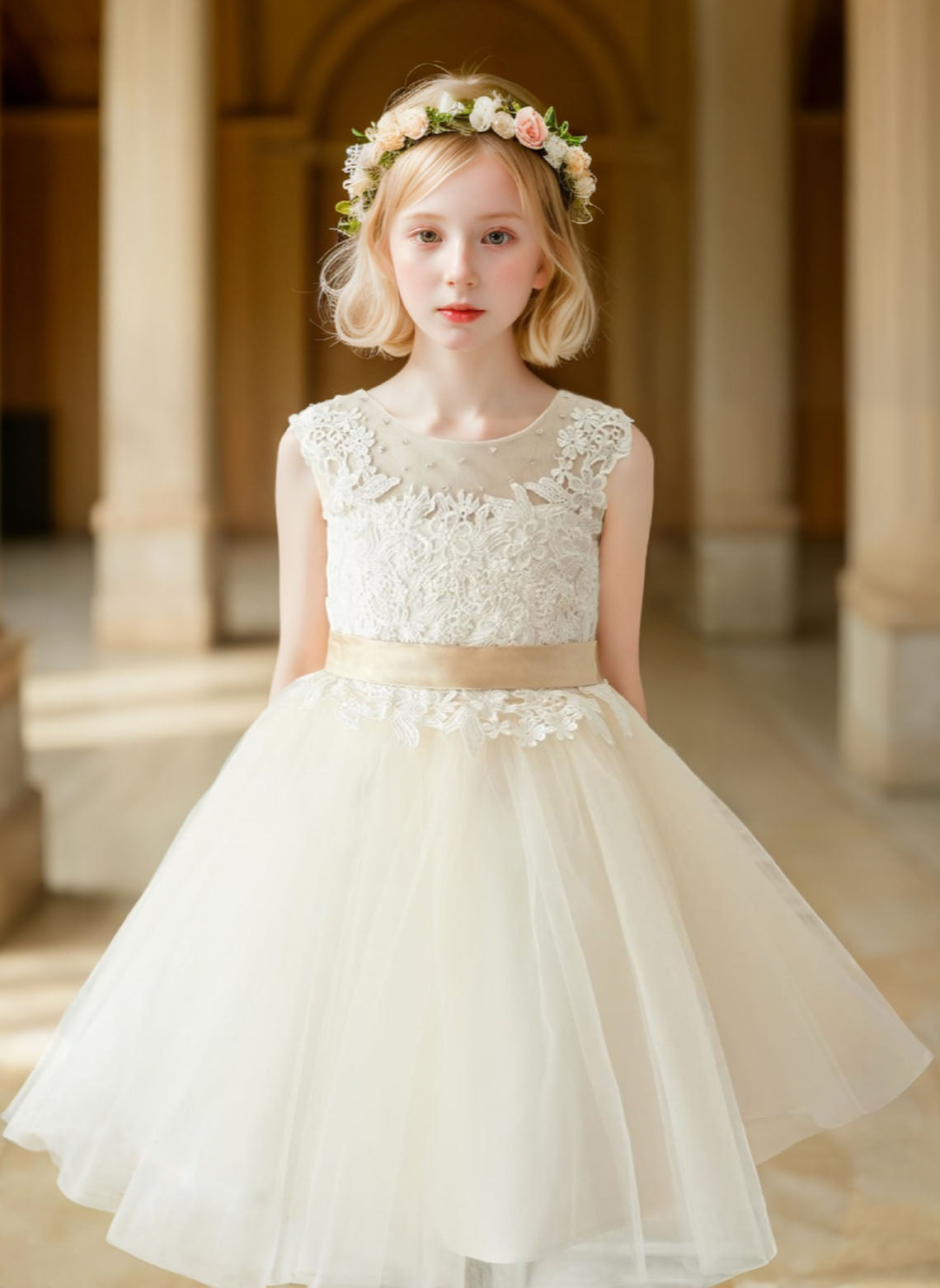 Floryme A-line Scoop Lace Tulle Knee-length Flower Girl Dress