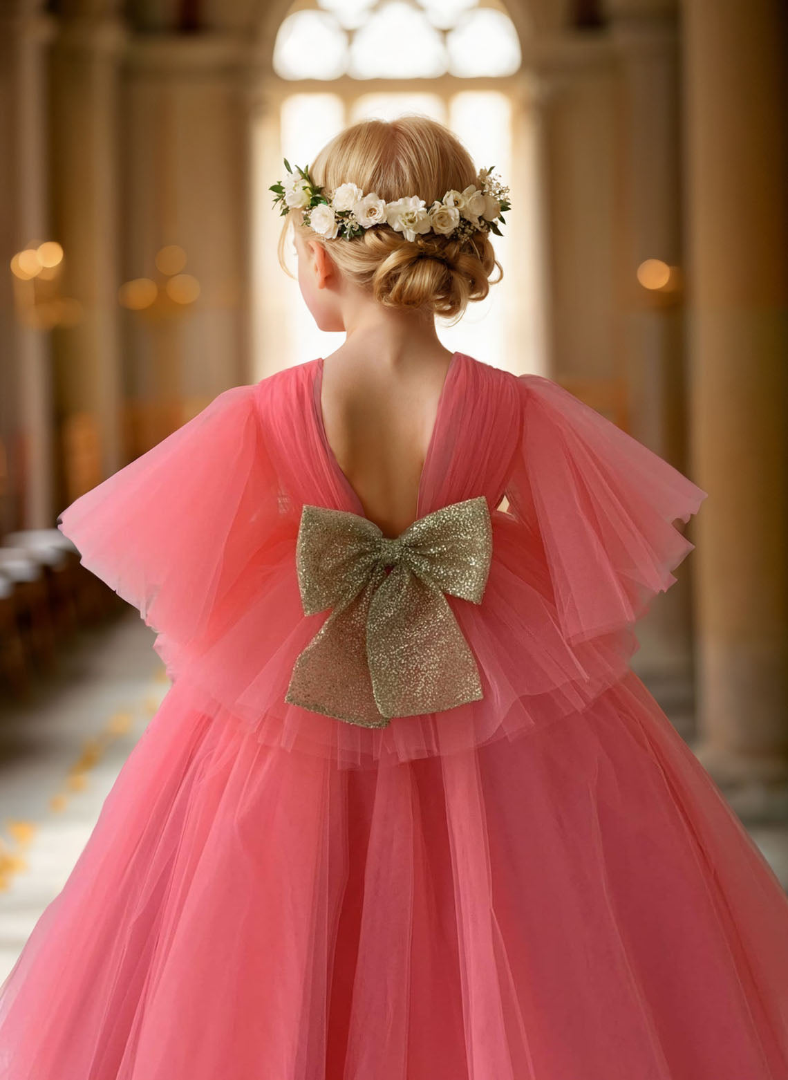 Floryme Ball-Gown/Princess V-Neck Tulle Floor-length Flower Girl Dress With Bow