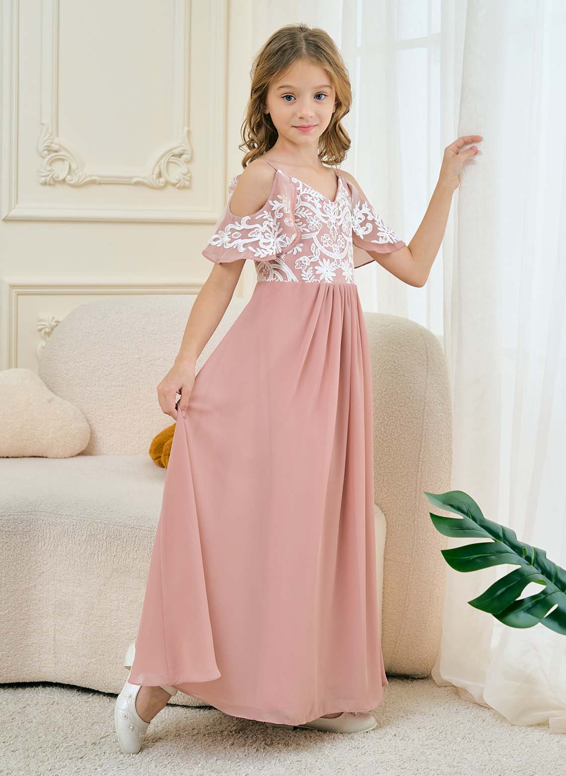 Floryme A-line Lace/Chiffon Floor-Length Junior Bridesmaid Dress