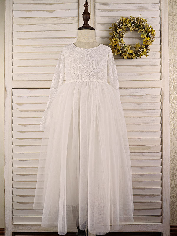 Floryme Ball-Gown/Princess V-Neck Tulle Floor-length Flower Girl Dress With Bow