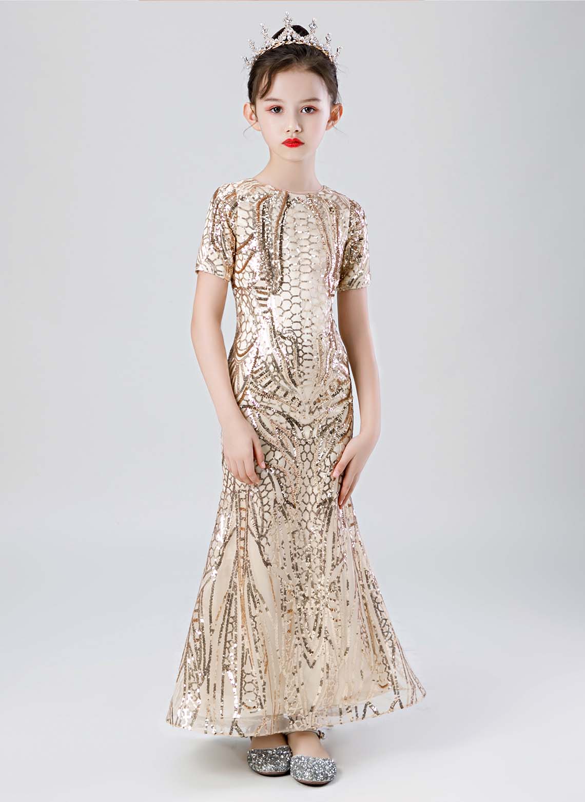 Floryme Mermaid Tulle/Sequins Detachable Court Train Flower Girl Dress