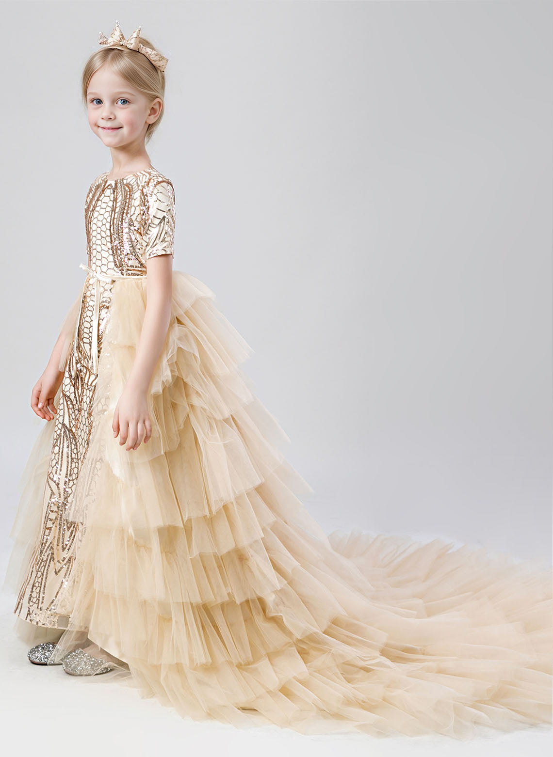 Floryme Mermaid Tulle/Sequins Detachable Court Train Flower Girl Dress