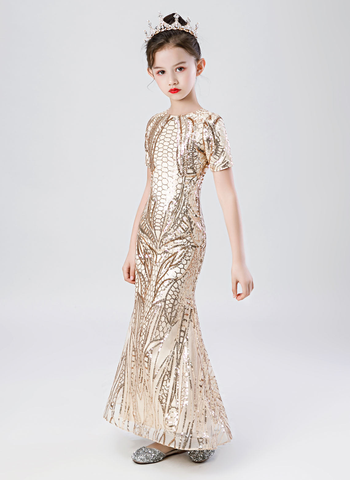 Floryme Mermaid Tulle/Sequins Detachable Court Train Flower Girl Dress