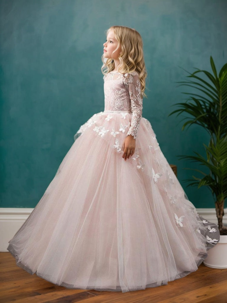 Floryme Ball-Gown/Princess Scoop Tulle Floor Length Flower Girl Dress With Puffy Sleeves main image 0