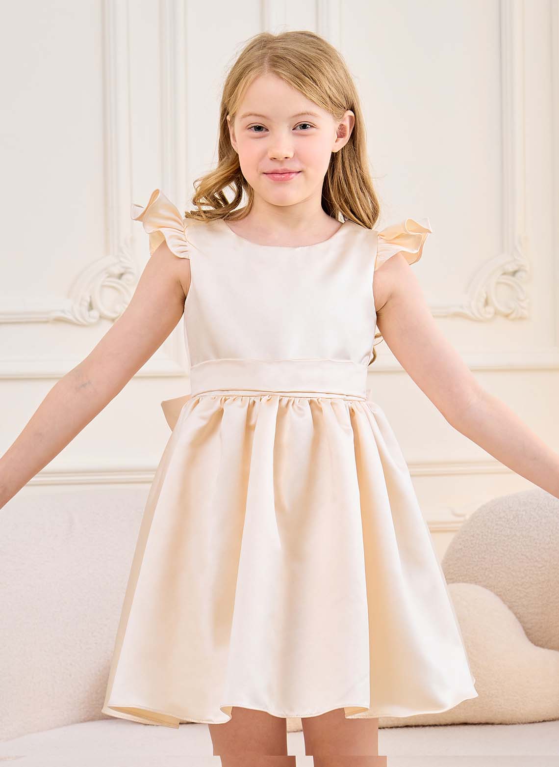 Floryme A-line Scoop Satin Knee-Length Flower Girl Dress With Bow