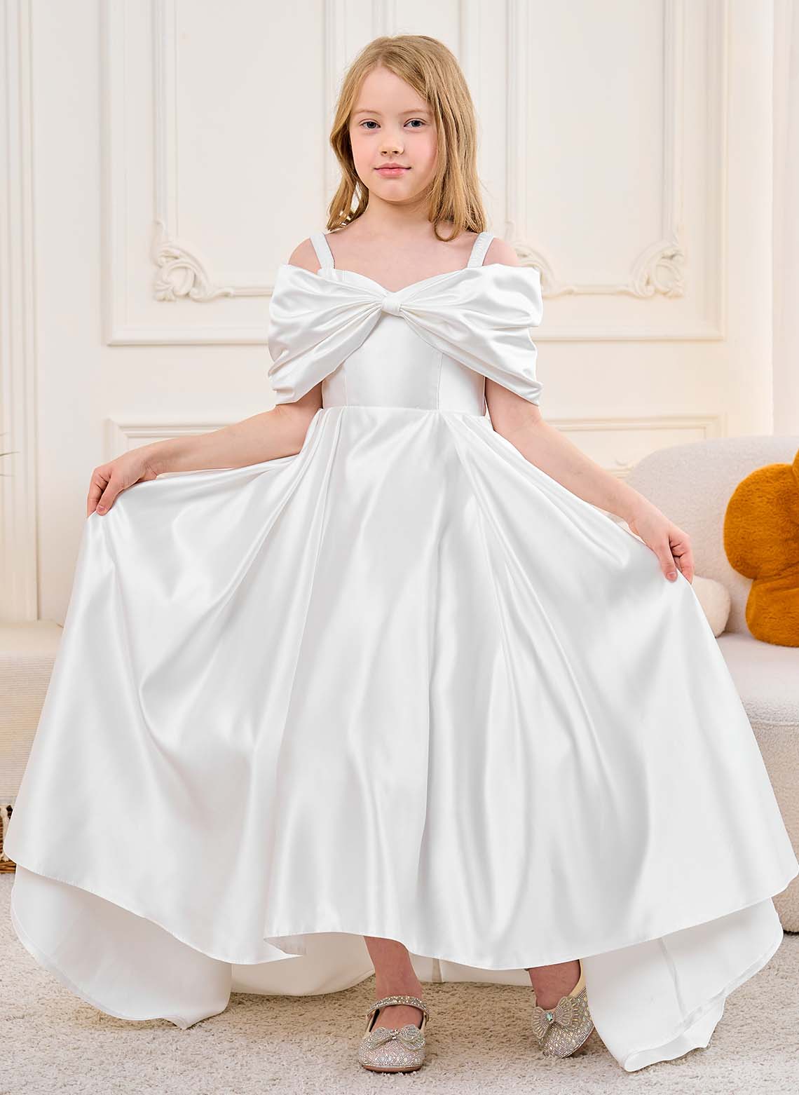 Floryme A-line Cold Shoulder Satin Sweep Train Flower Girl Dress With Bow