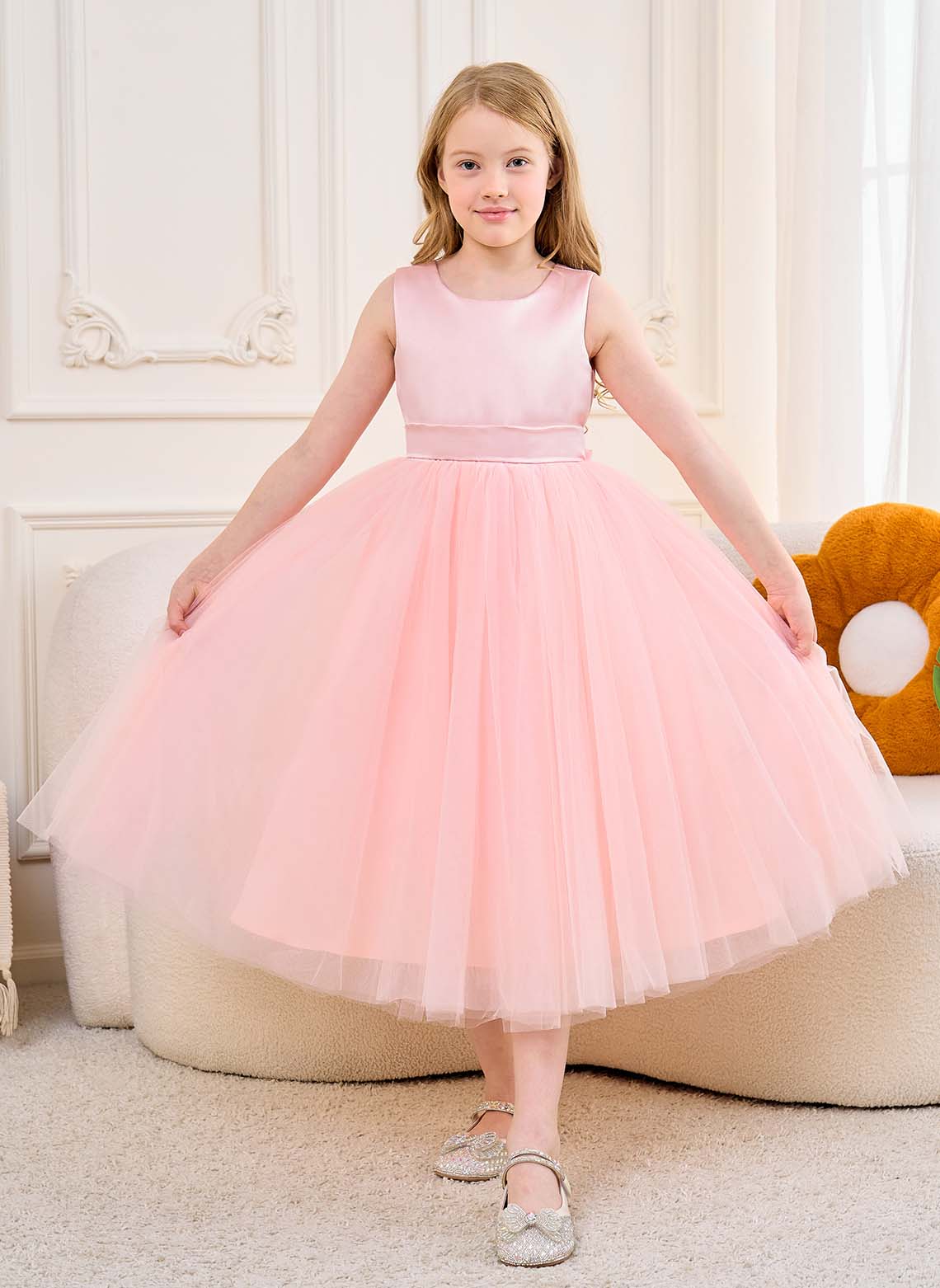 Floryme A-line Scoop Satin Tulle Tea-Length Flower Girl Dress
