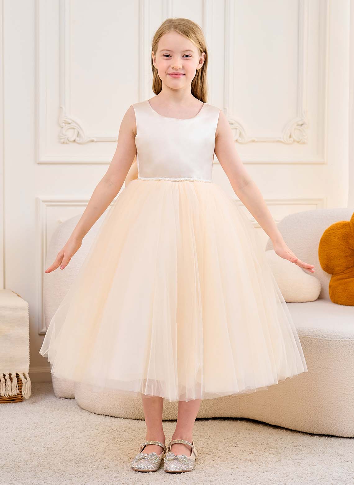 Floryme A-line Scoop Satin Tulle Floor-Length Flower Girl Dress With Bow