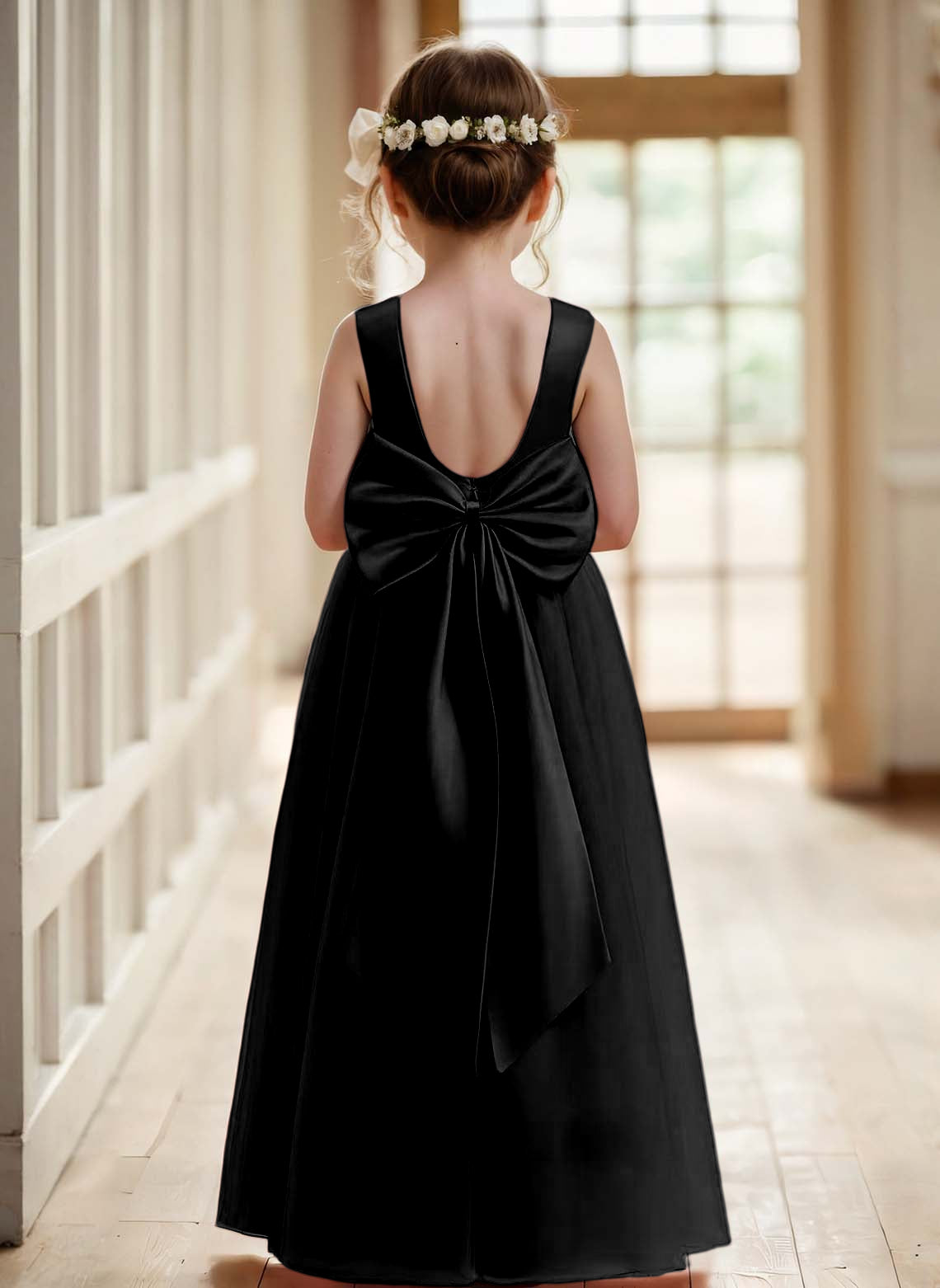 Floryme A-line Scoop Satin Tulle Floor-Length Flower Girl Dress With Bow