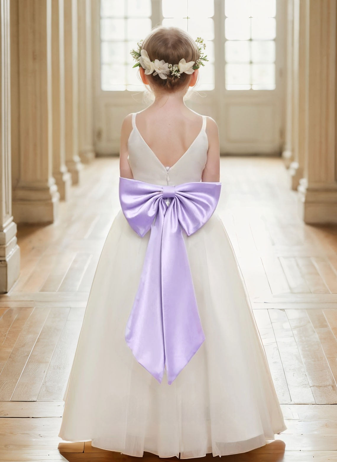 Floryme A-line V-neck Satin Tulle Floor-Length Flower Girl Dress With Sash/Bow