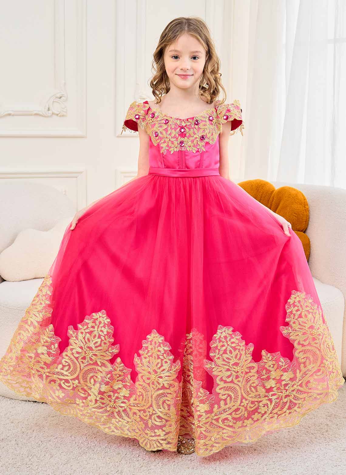 Floryme A-line Off the Shoulder Lace Tulle Floor-length Flower Girl Dress