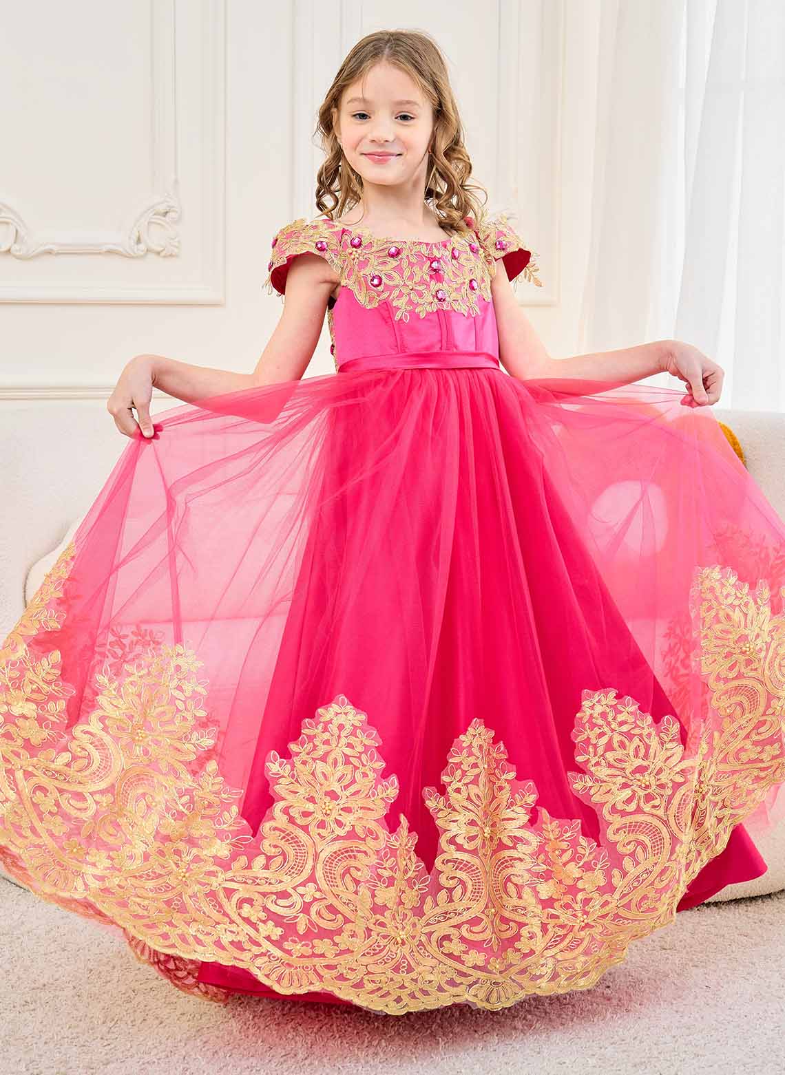 Floryme A-line Off the Shoulder Lace Tulle Floor-length Flower Girl Dress