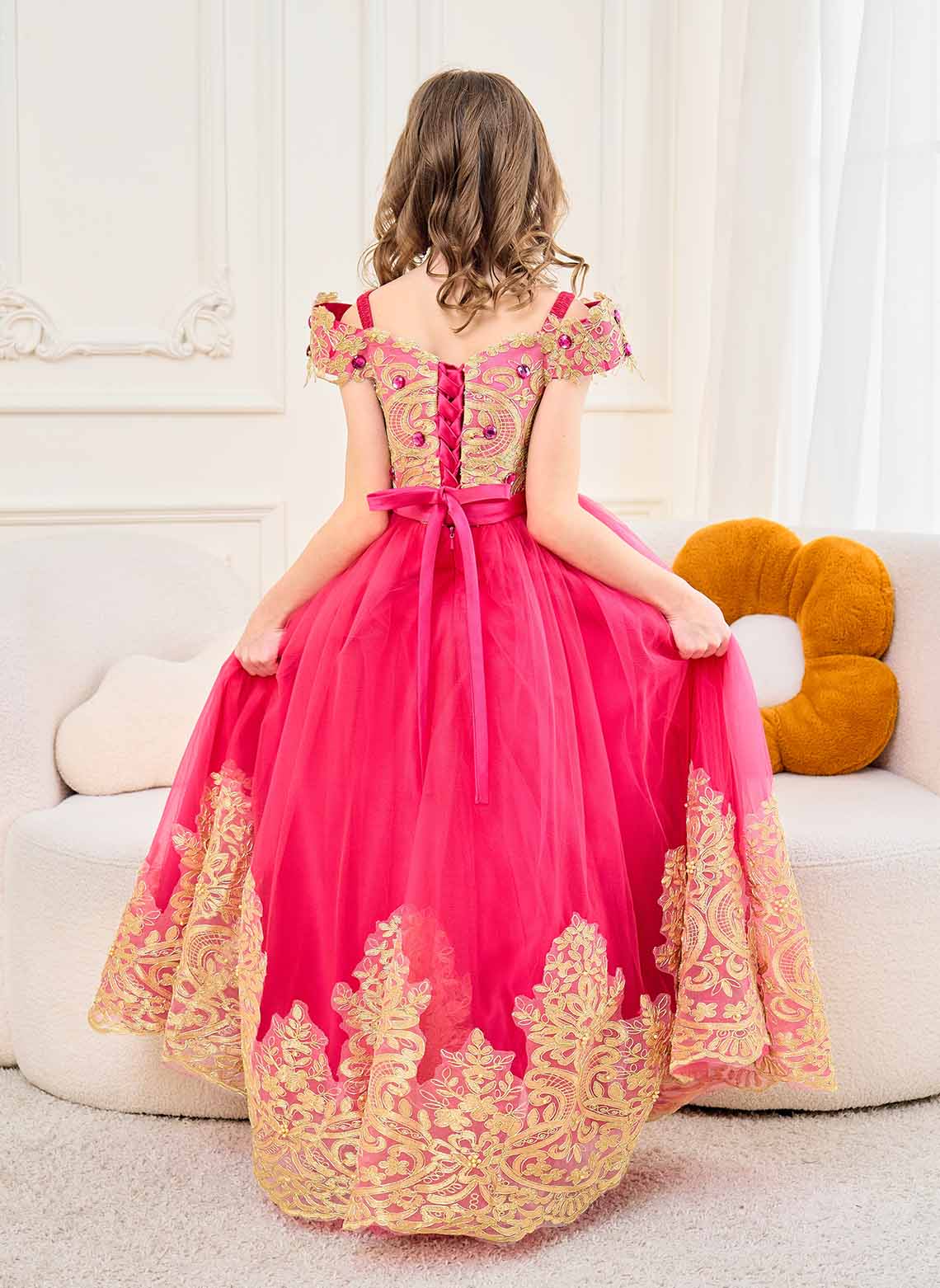 Floryme A-line Off the Shoulder Lace Tulle Floor-length Flower Girl Dress