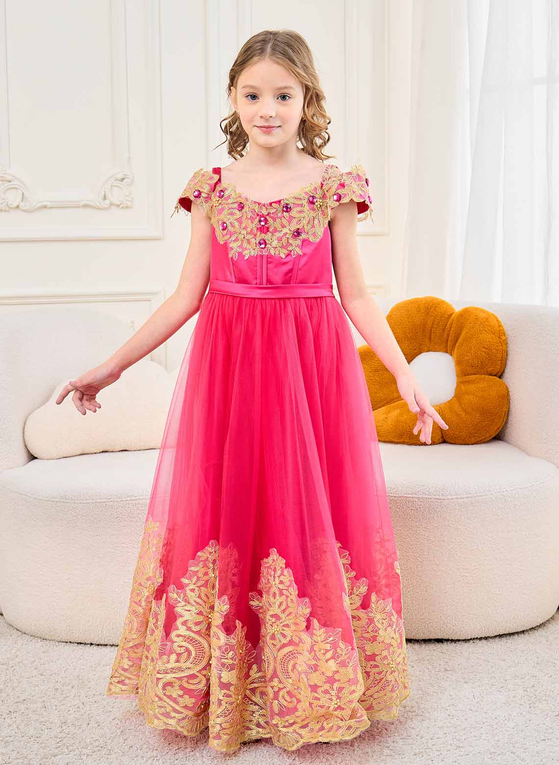 Floryme A-line Off the Shoulder Lace Tulle Floor-length Flower Girl Dress