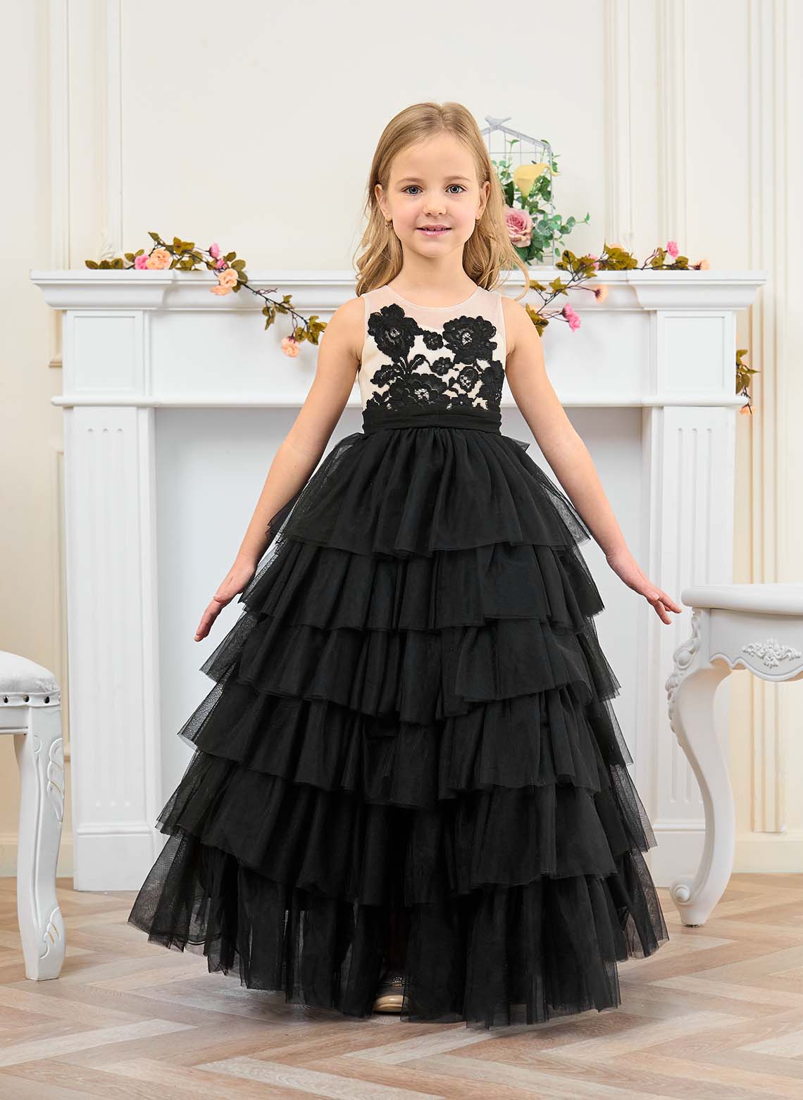 Floryme Ball-Gown/Princess Scoop Tulle Floor Length Flower Girl Dress With Bow/Cascading ruffle