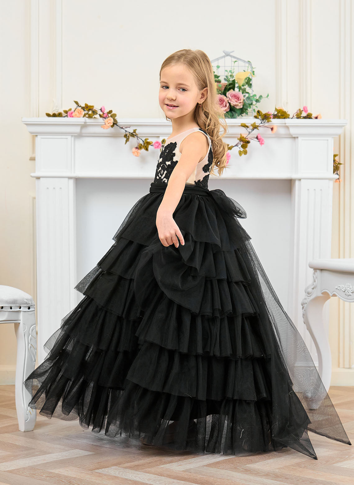 Floryme Ball-Gown/Princess Scoop Tulle Floor Length Flower Girl Dress With Bow/Cascading ruffle