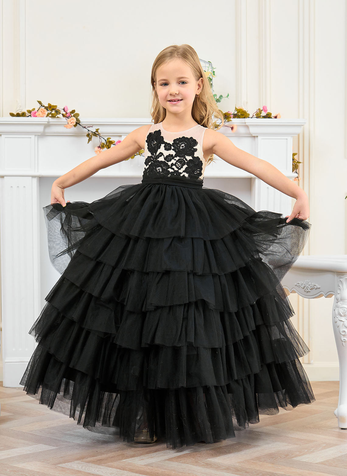 Floryme Ball-Gown/Princess Scoop Tulle Floor Length Flower Girl Dress With Bow/Cascading ruffle