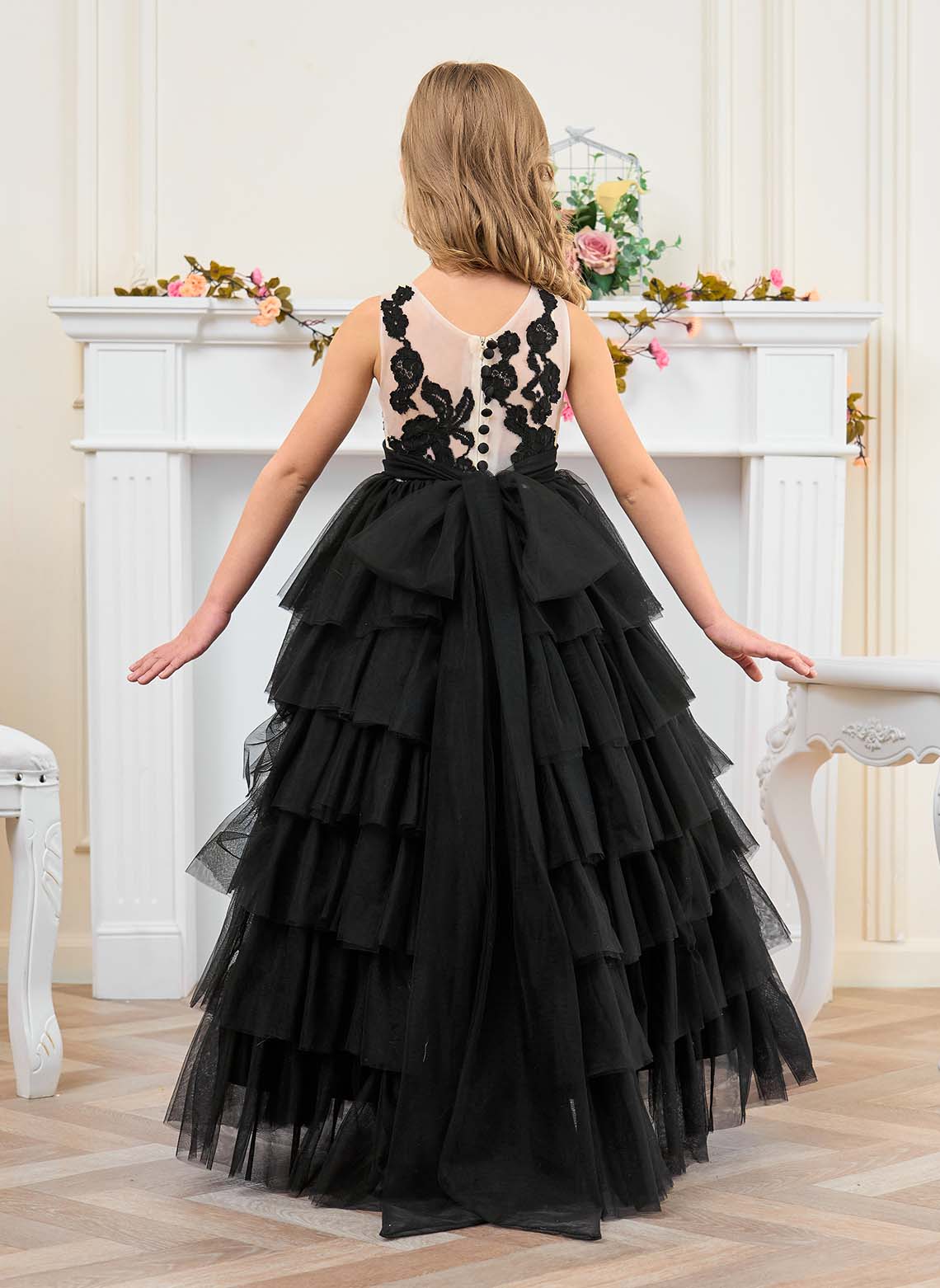Floryme Ball-Gown/Princess Scoop Tulle Floor Length Flower Girl Dress With Bow/Cascading ruffle