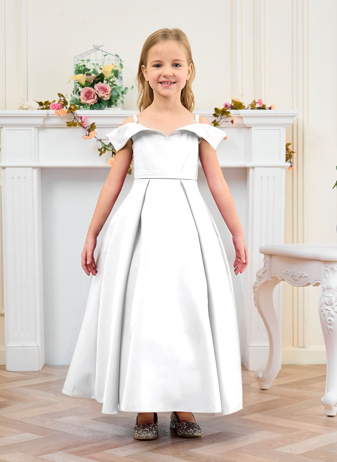 Floryme Ball-Gown/Princess Off the Shoulder Satin Ankle Length Flower Girl Dress