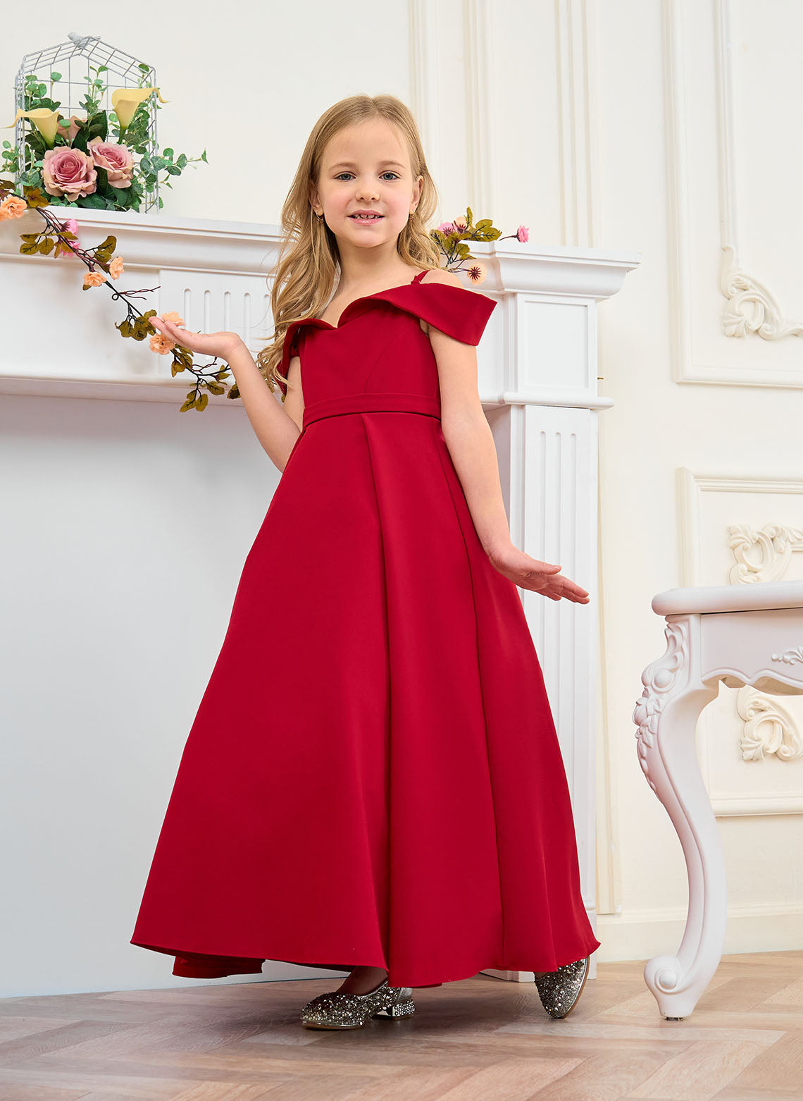 Floryme Ball-Gown/Princess Off the Shoulder Satin Ankle Length Flower Girl Dress