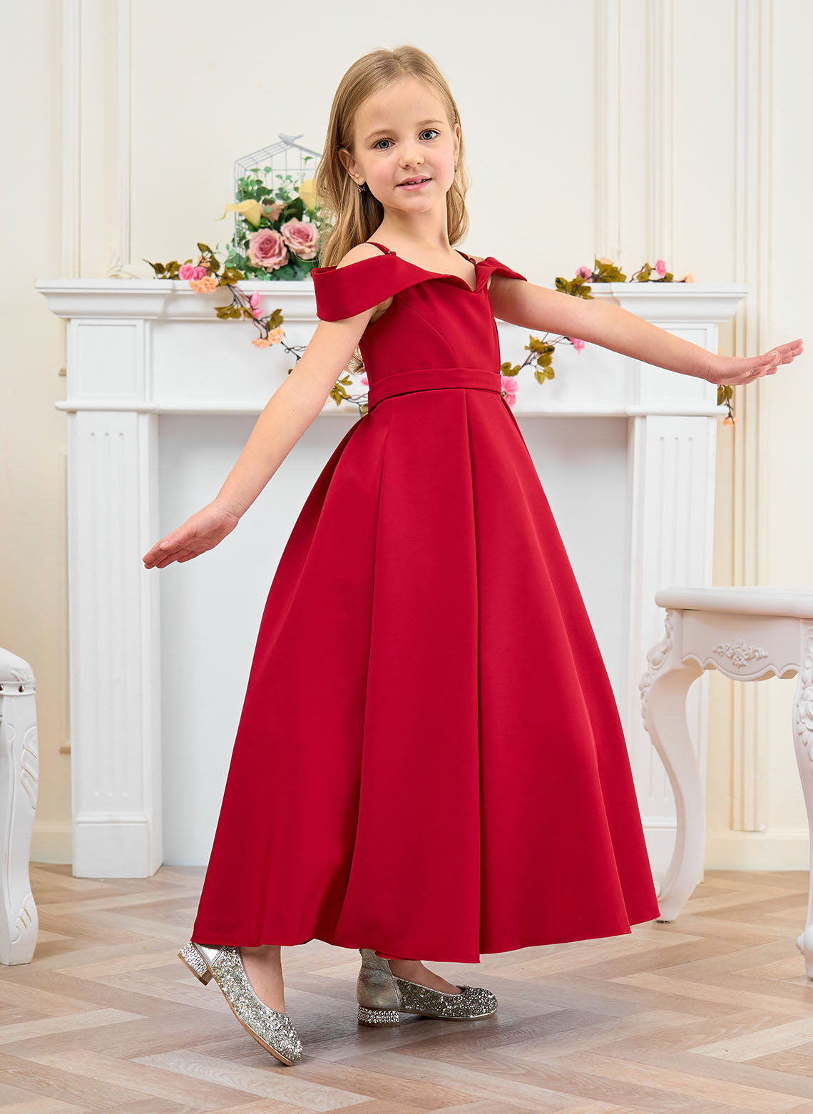 Floryme Ball-Gown/Princess Off the Shoulder Satin Ankle Length Flower Girl Dress