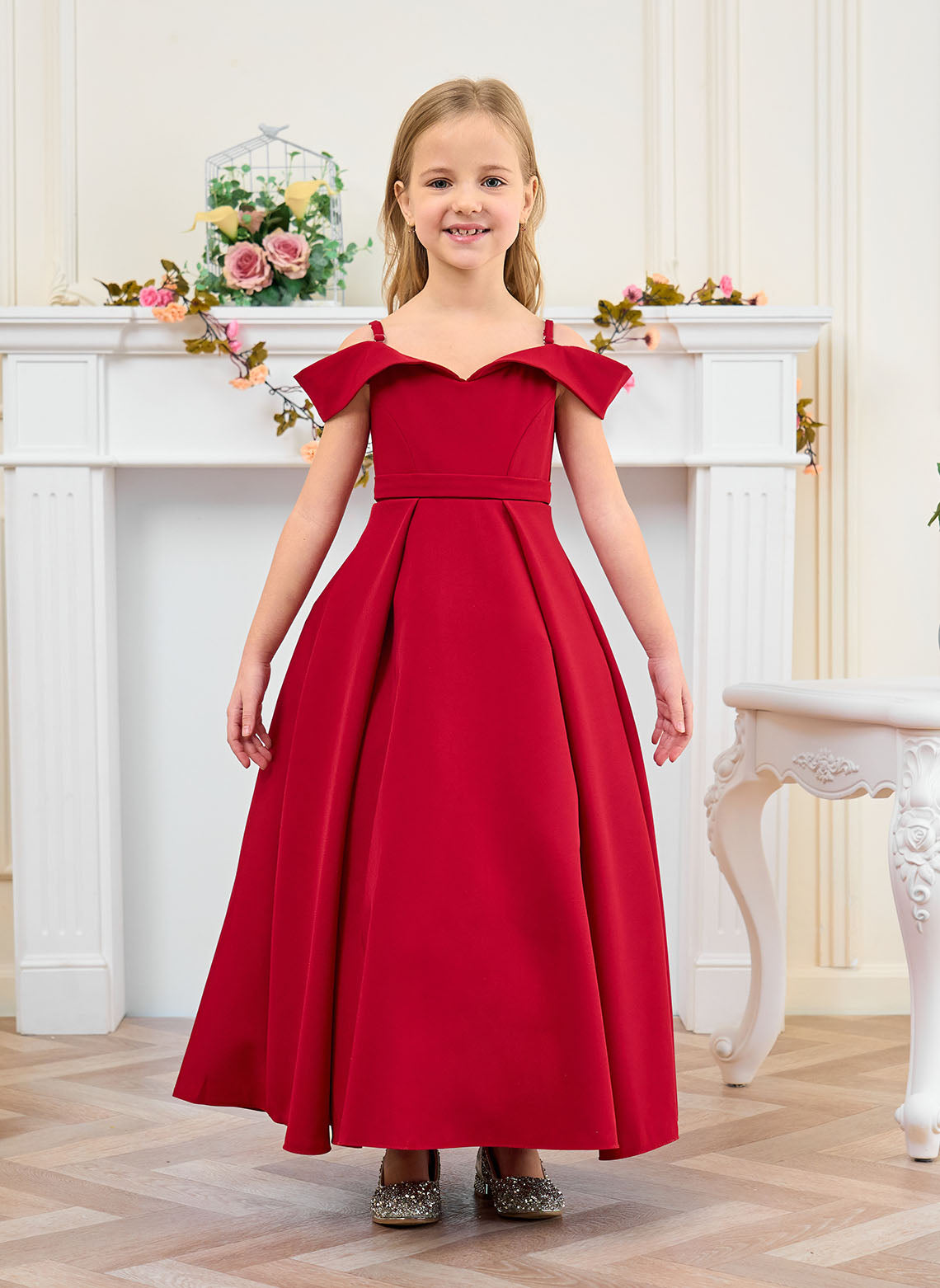 Floryme Ball-Gown/Princess Off the Shoulder Satin Ankle Length Flower Girl Dress