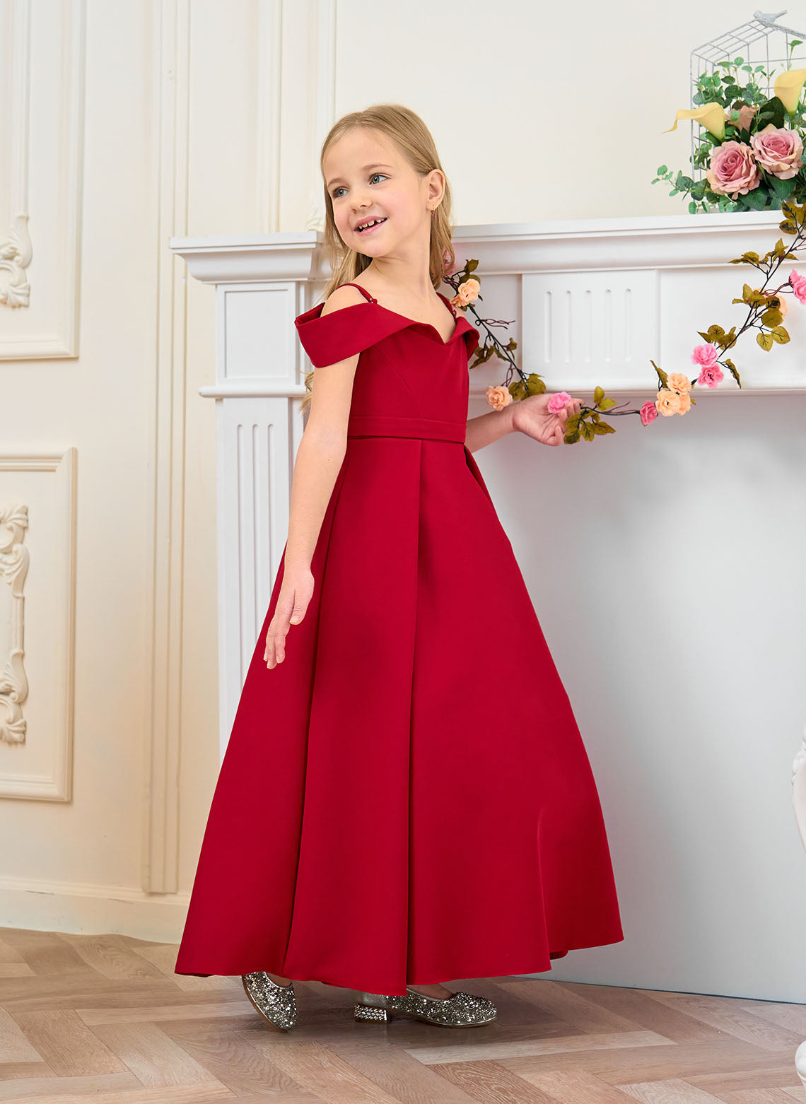 Floryme Ball-Gown/Princess Off the Shoulder Satin Ankle Length Flower Girl Dress