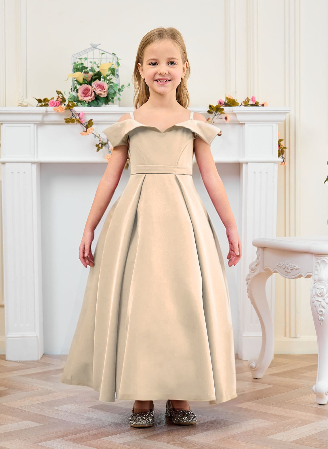 Floryme Ball-Gown/Princess Off the Shoulder Satin Ankle Length Flower Girl Dress
