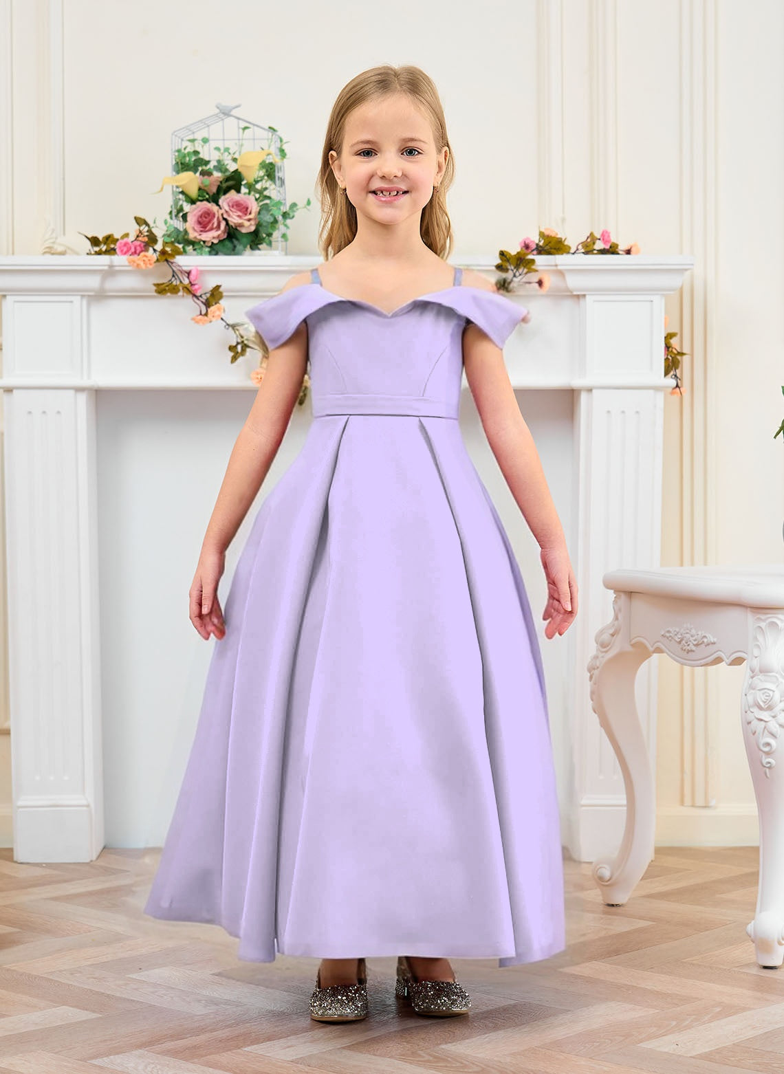 Floryme Ball-Gown/Princess Off the Shoulder Satin Ankle Length Flower Girl Dress