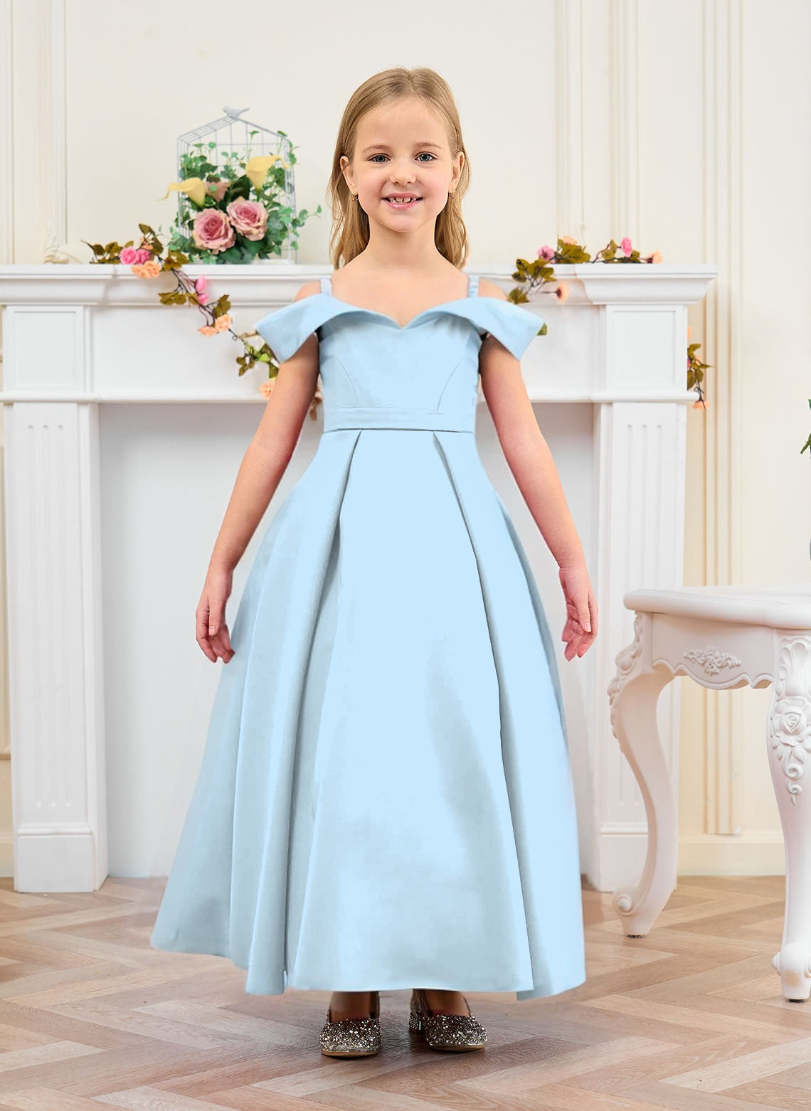 Floryme Ball-Gown/Princess Off the Shoulder Satin Ankle Length Flower Girl Dress