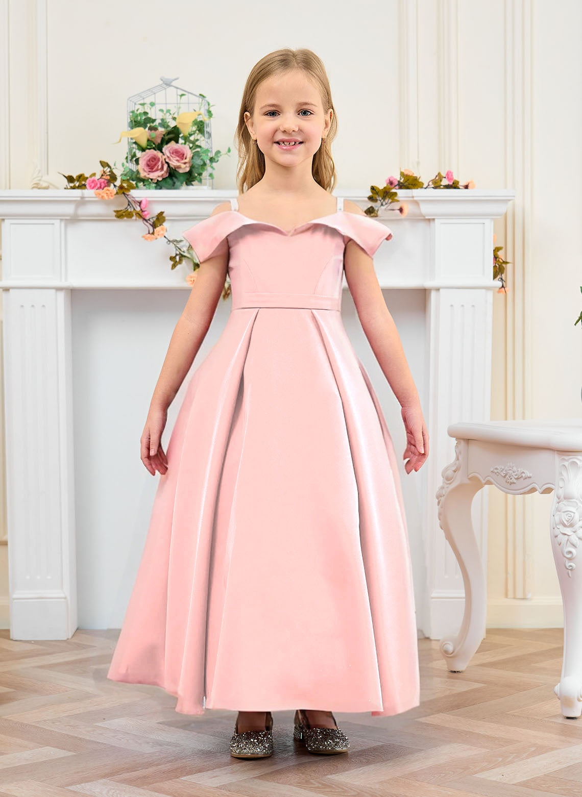 Floryme Ball-Gown/Princess Off the Shoulder Satin Ankle Length Flower Girl Dress