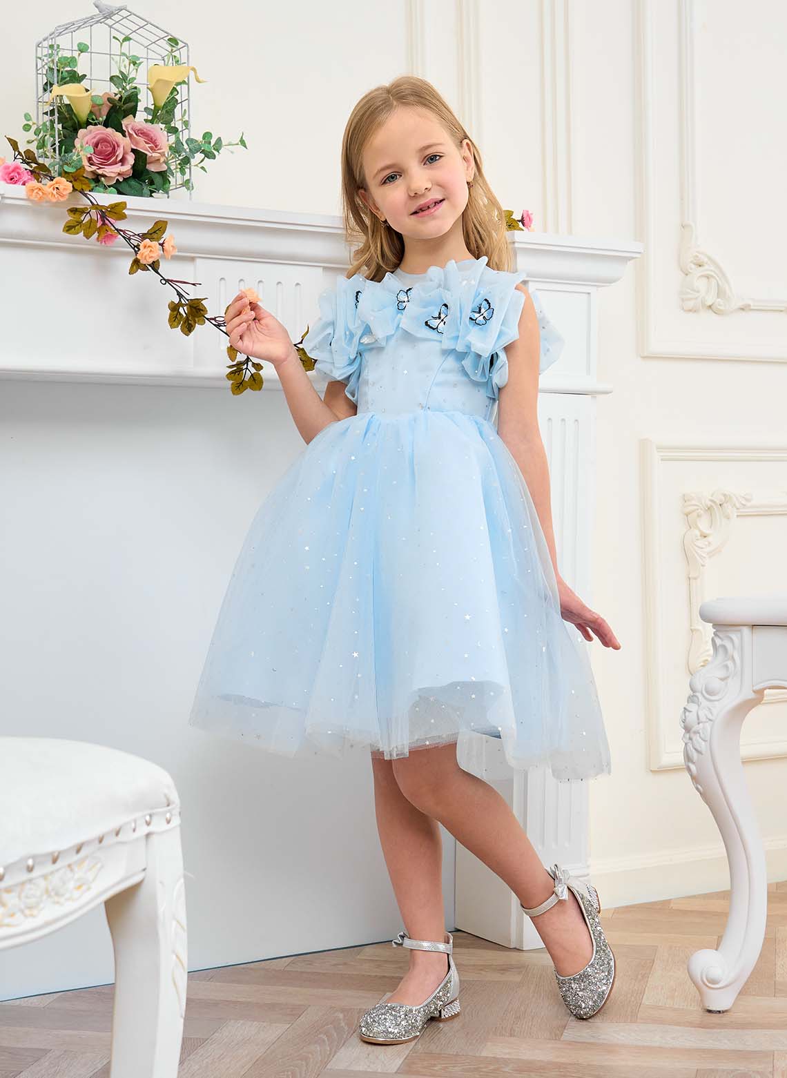 Floryme Ball-Gown/Princess Scoop Tulle Knee Length Flower Girl Dress With 3D Butterfly