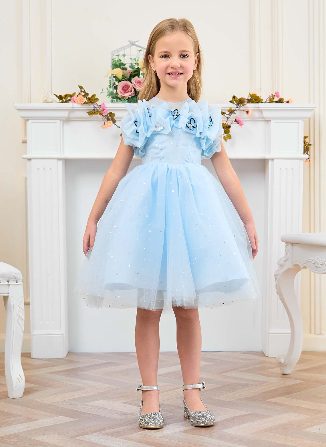 Floryme Ball-Gown/Princess Scoop Tulle Knee Length Flower Girl Dress With 3D Butterfly