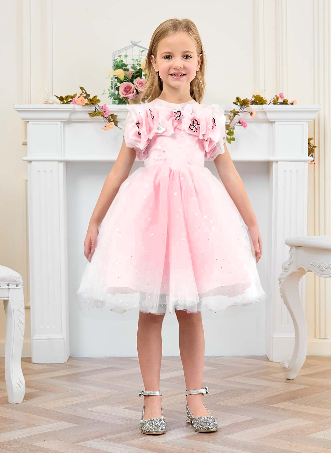 Floryme Ball-Gown/Princess Scoop Tulle Knee Length Flower Girl Dress With 3D Butterfly