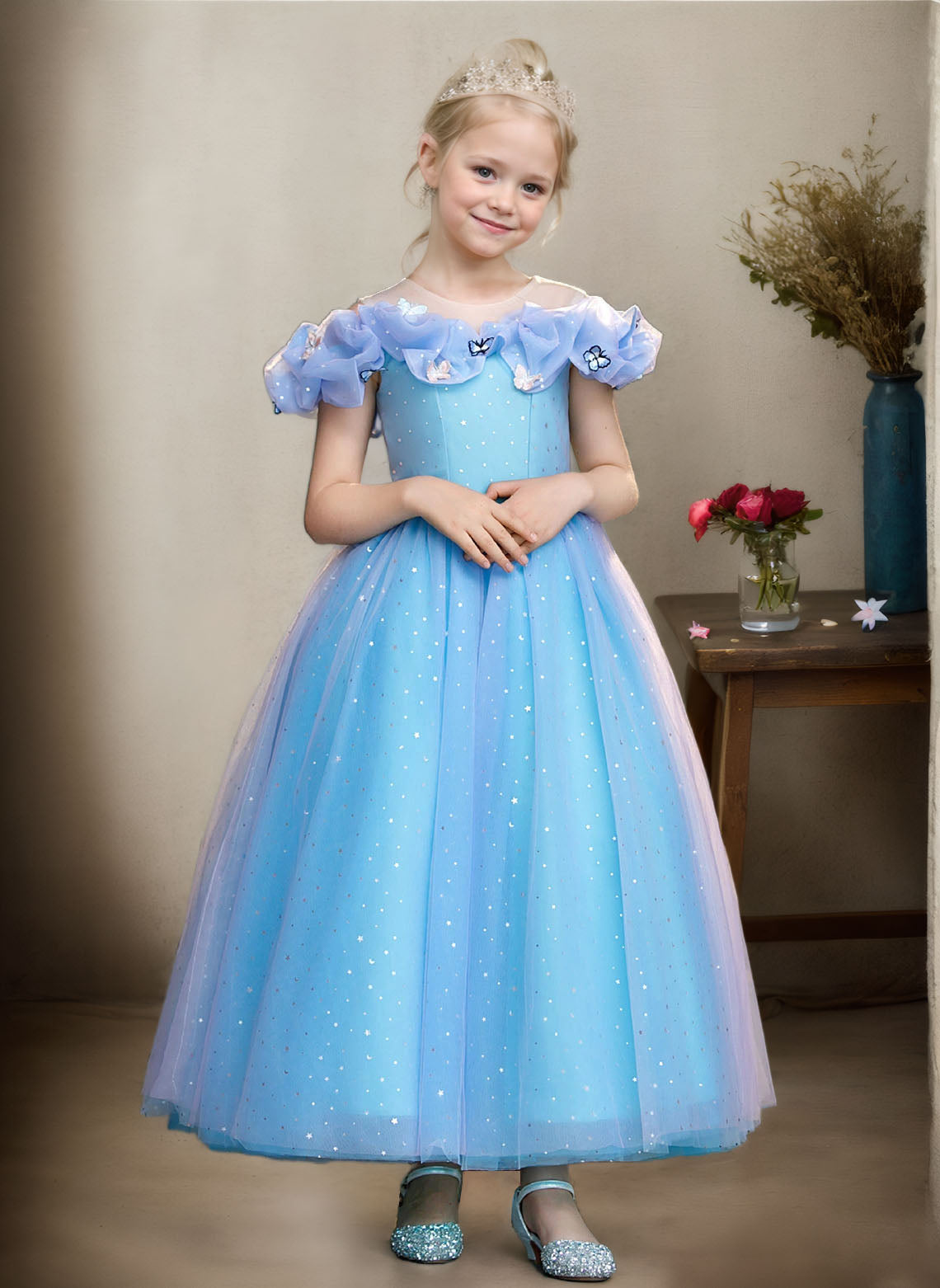 Floryme Ball-Gown/Princess Scoop Tulle Ankle Length Flower Girl Dress With 3D Butterfly
