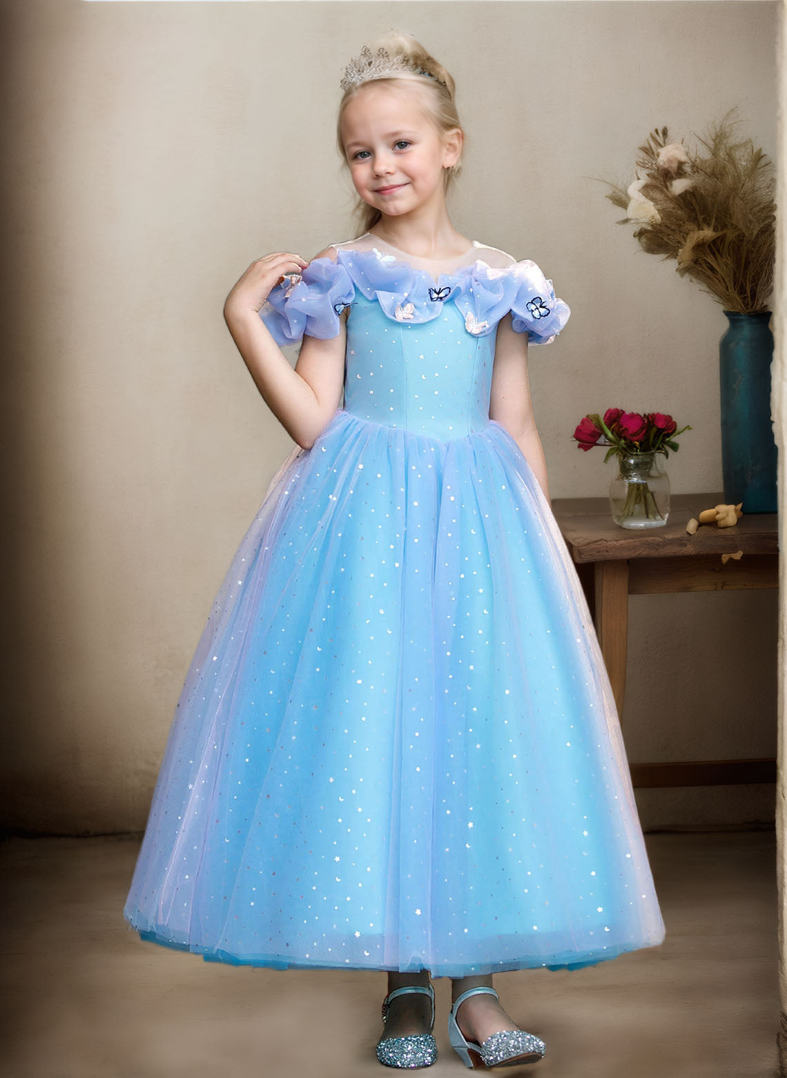 Floryme Ball-Gown/Princess Scoop Tulle Ankle Length Flower Girl Dress With 3D Butterfly