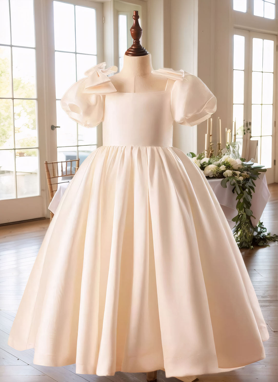 Floryme Ball-Gown/Princess Square Neck Satin Floor Length Flower Girl Dress With Bow