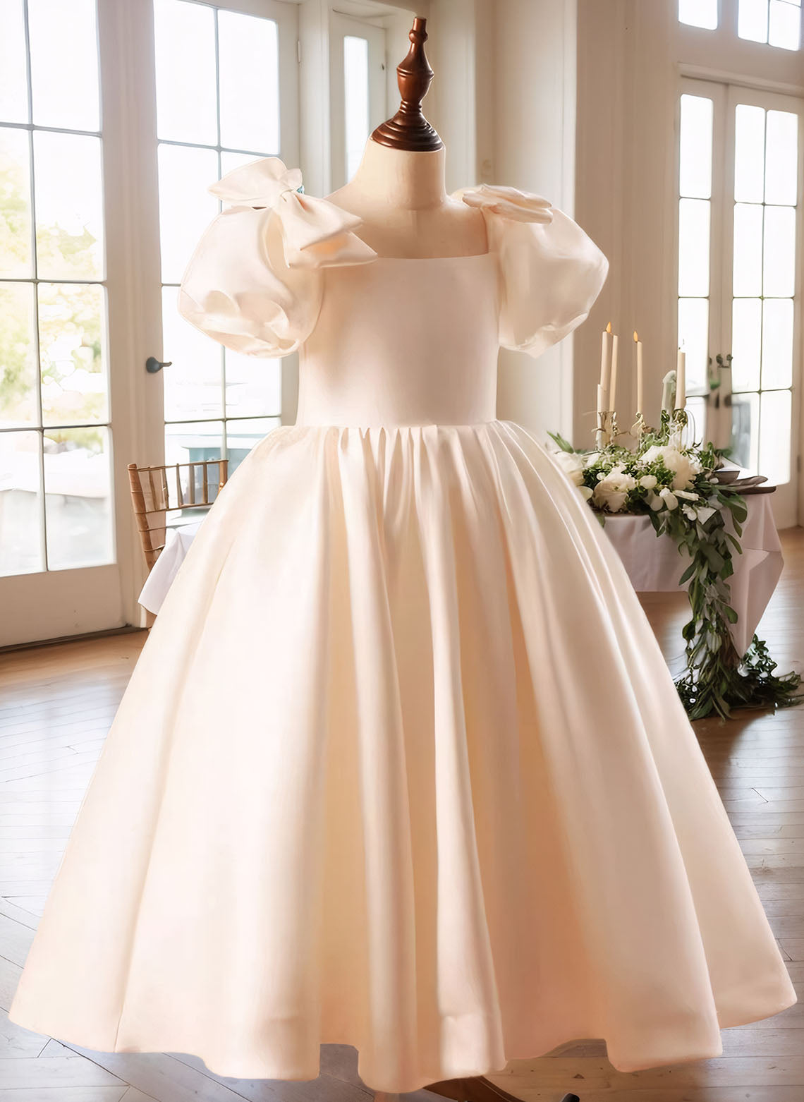 Floryme Ball-Gown/Princess Square Neck Satin Floor Length Flower Girl Dress With Bow