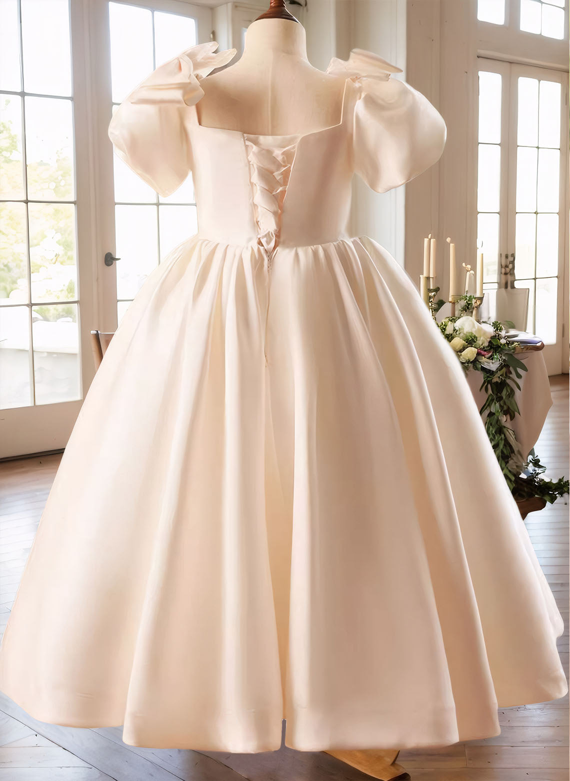 Floryme Ball-Gown/Princess Square Neck Satin Floor Length Flower Girl Dress With Bow