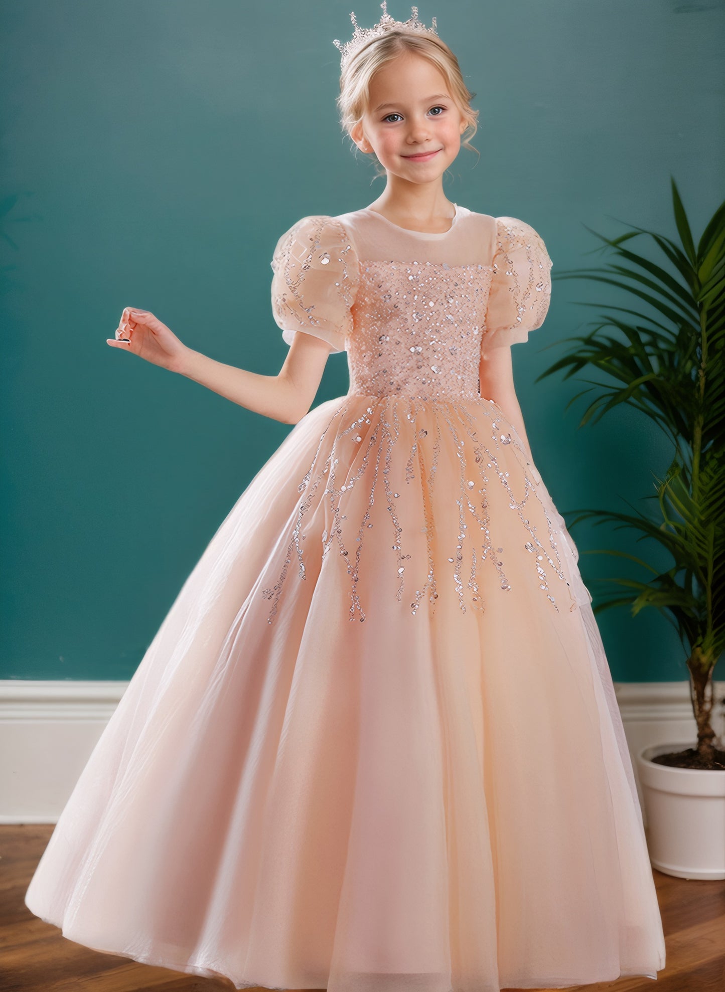Floryme Ball-Gown/Princess Scoop Tulle Floor Length Flower Girl Dress With Puffy Sleeves