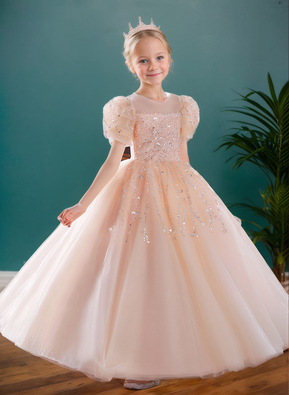 Floryme Ball-Gown/Princess Scoop Tulle Floor Length Flower Girl Dress With Puffy Sleeves