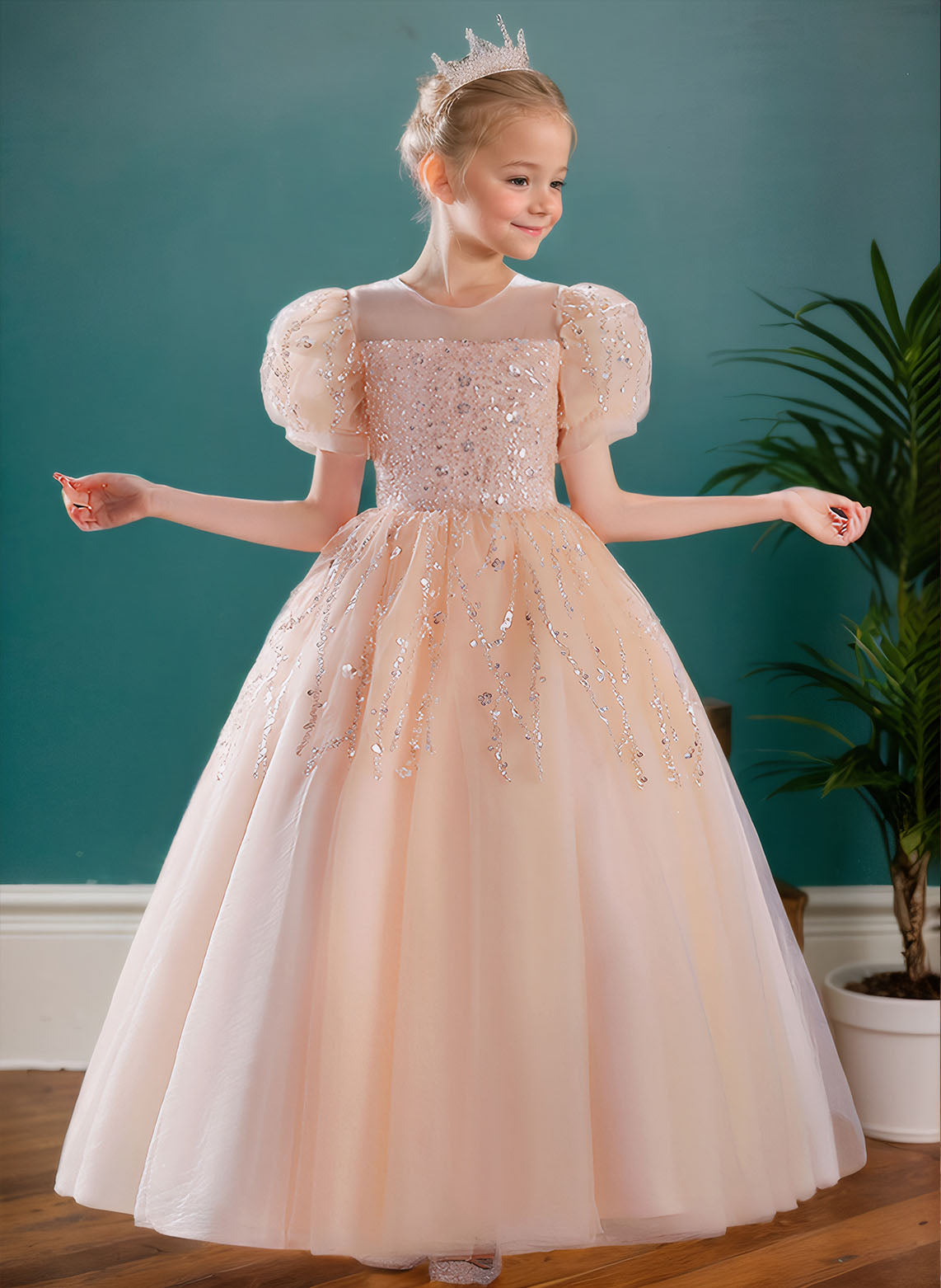Floryme Ball-Gown/Princess Scoop Tulle Floor Length Flower Girl Dress With Puffy Sleeves