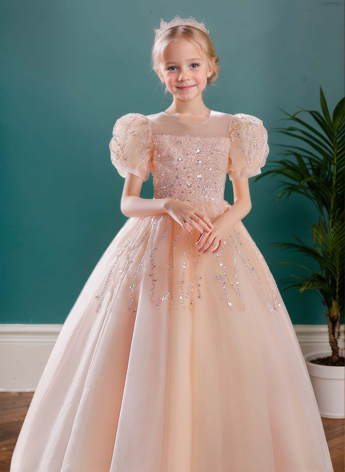Floryme Ball-Gown/Princess Scoop Tulle Floor Length Flower Girl Dress With Puffy Sleeves