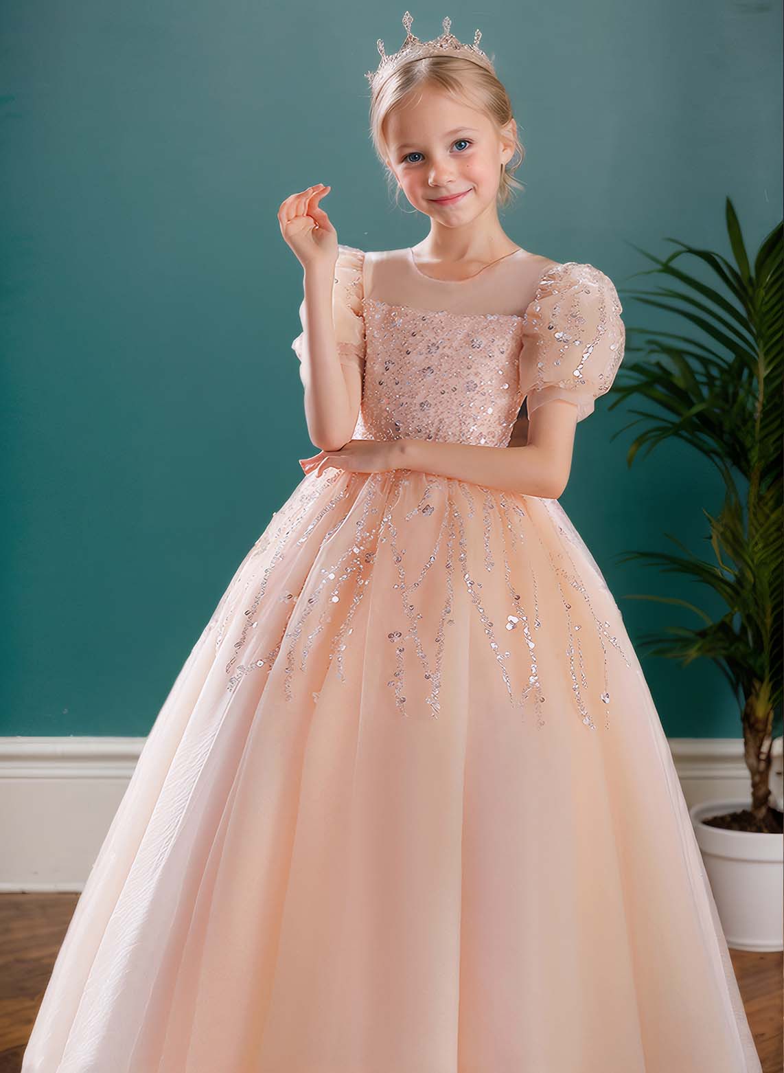 Floryme Ball-Gown/Princess Scoop Tulle Floor Length Flower Girl Dress With Puffy Sleeves