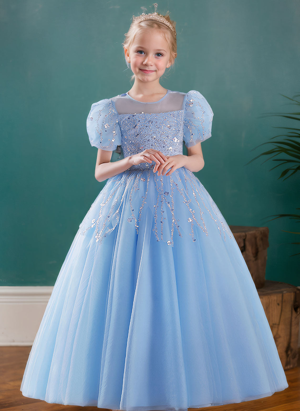 Floryme Ball-Gown/Princess Scoop Tulle Floor Length Flower Girl Dress With Puffy Sleeves