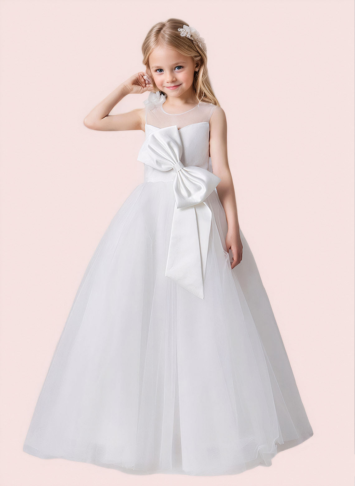 Floryme Ball-Gown/Princess Scoop Satin Tulle Floor Length Flower Girl Dress With Bow